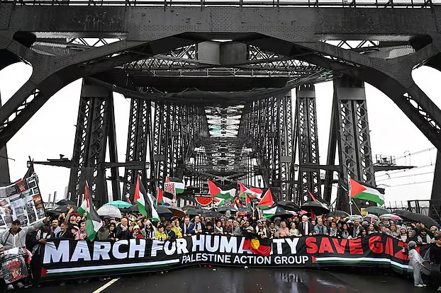 Thousands of people joined a pro Palestinian march on Sydneys Harbour Bridge on August 3