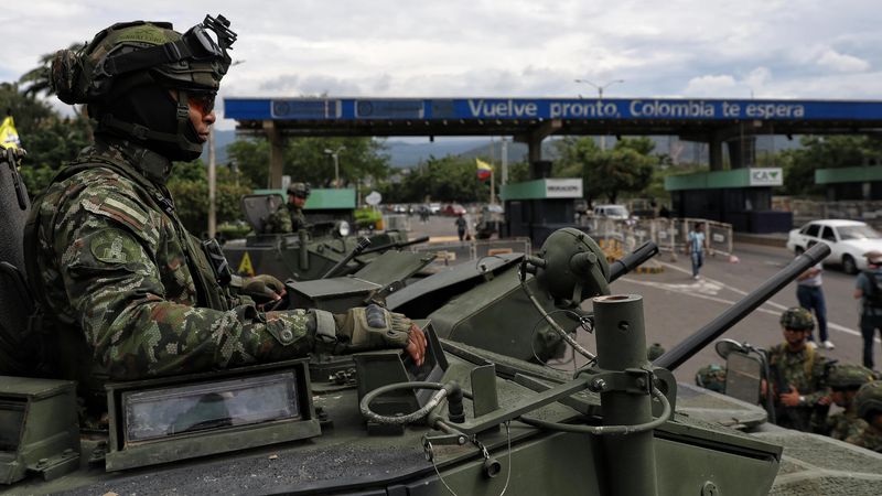 Colombian soldiers guard the border with Venezuela in Villa del Rosario Colombia